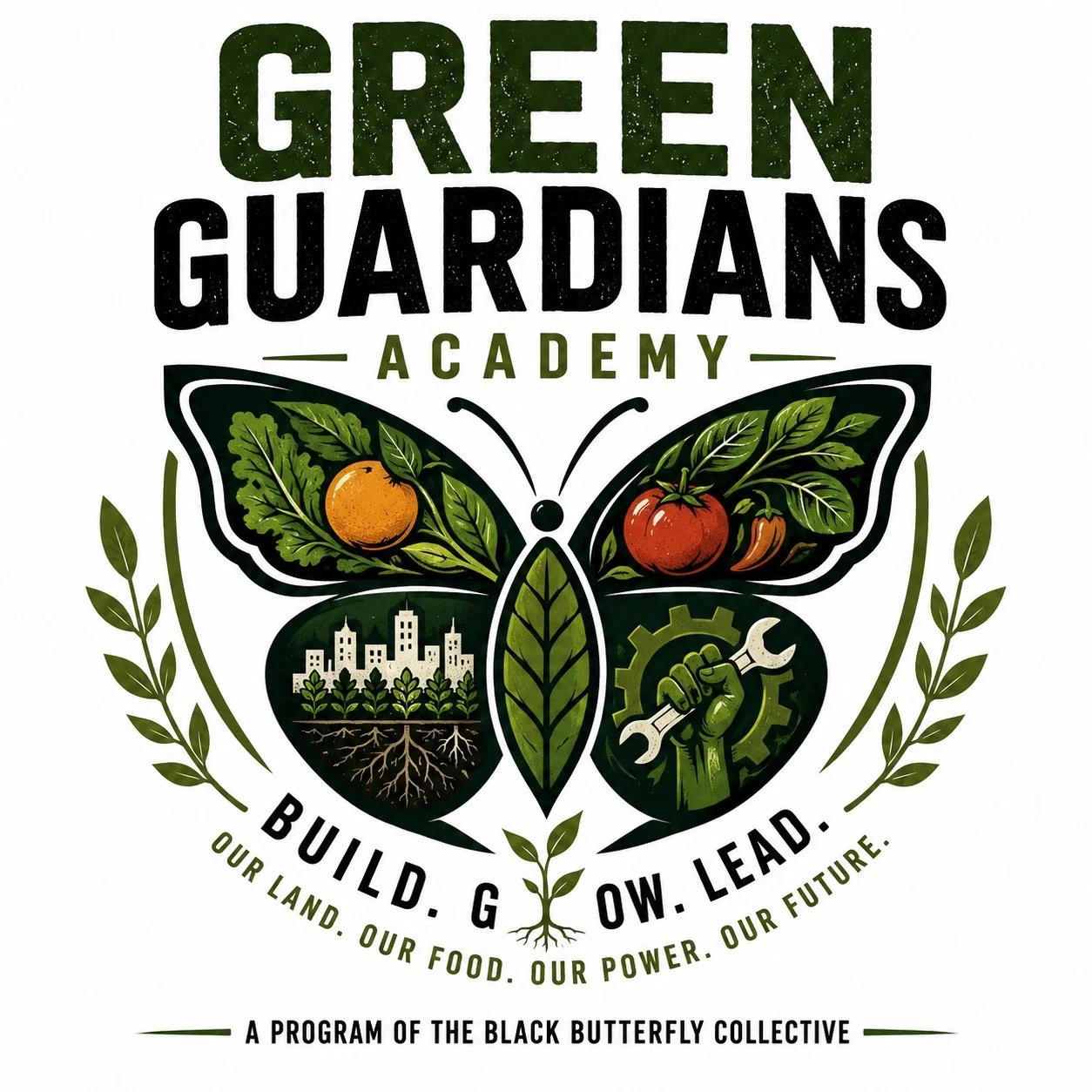 Logo for Green Guardians Academy featuring a butterfly with foliage, fruit, a city skyline, and a wrench, with slogan 'Build. Grow. Lead.' and mentions of land, food, power, future, and Black Butterfly Collective.