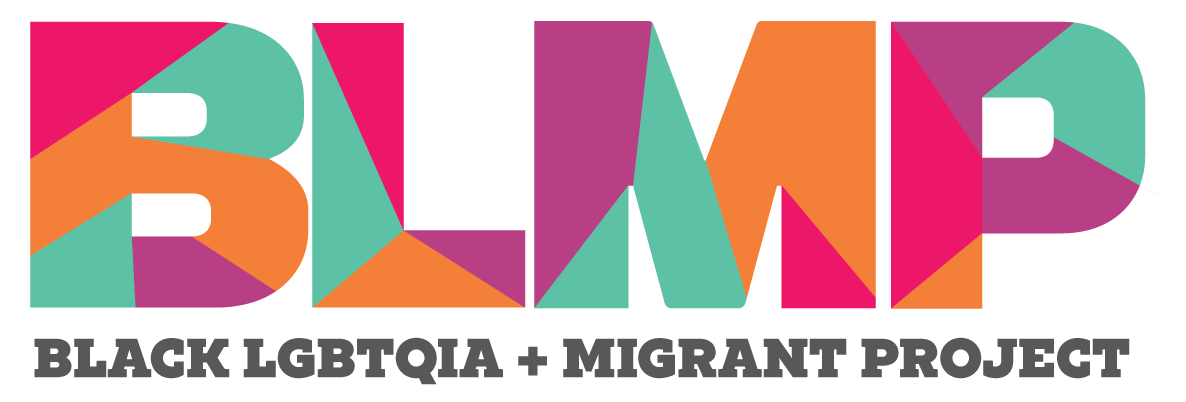 Colorful, geometric logo for BLMP, the Black LGBTQIA+ Migrant Project, with the acronym 'BLMP' and the full name written below.