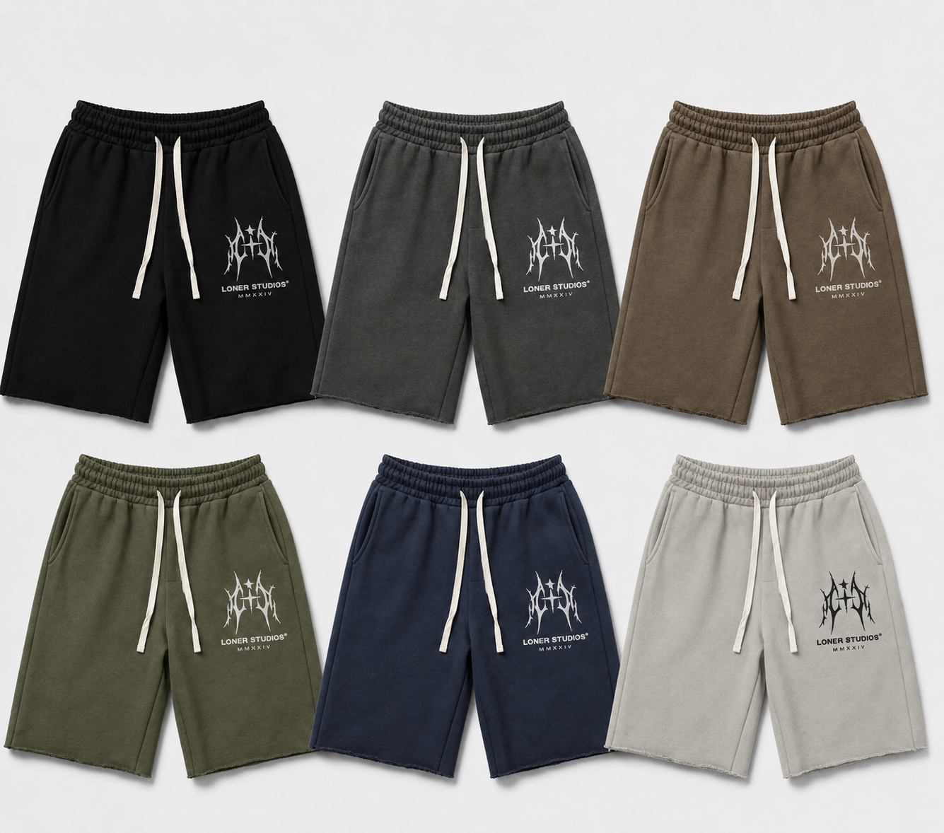 Six pairs of casual shorts in black, dark gray, brown, olive green, navy blue, and light gray, each with a logo and text on the left leg.