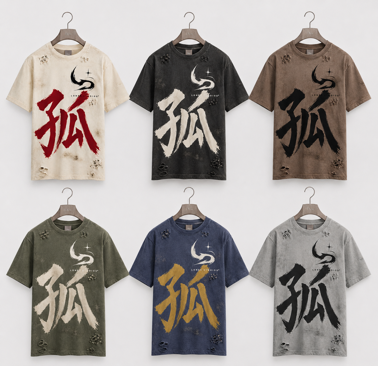 Six distressed t-shirts in different colors hanging on wall, with Japanese kanji characters, a crescent moon and star graphic, and the text 'LONE STUDIOS' printed on each shirt.
