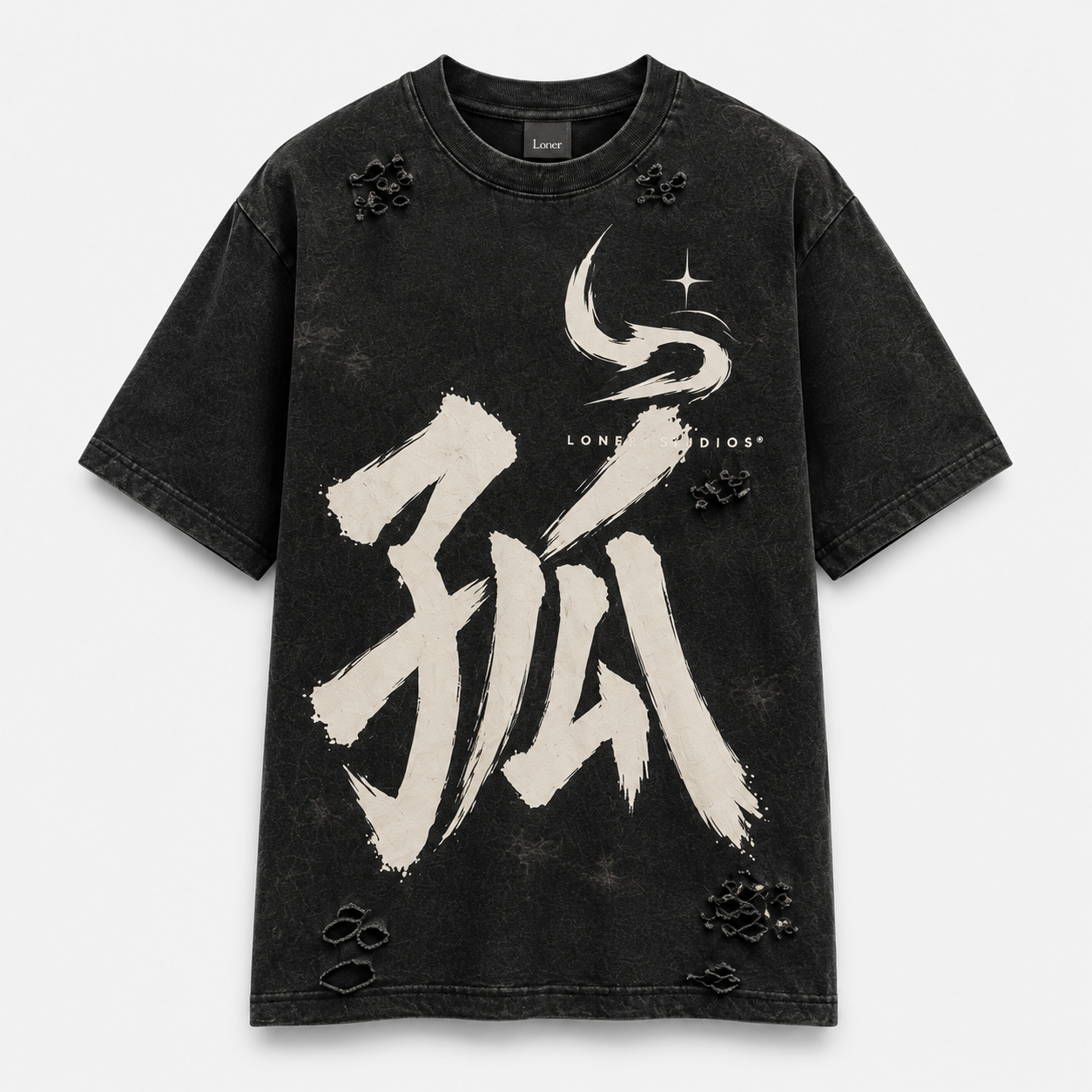 Black distressed t-shirt with large white graphic characters and small shredded details, featuring the words 'Loner Studios'.