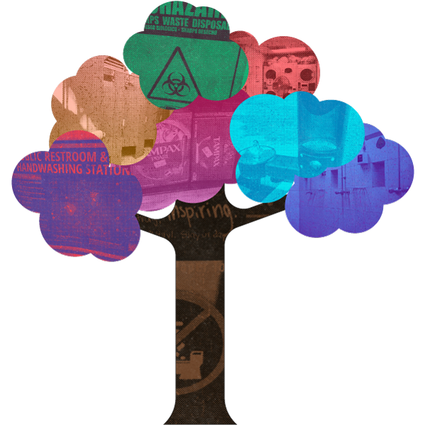 Illustration of a tree with colorful clouds representing different environmental or safety topics.