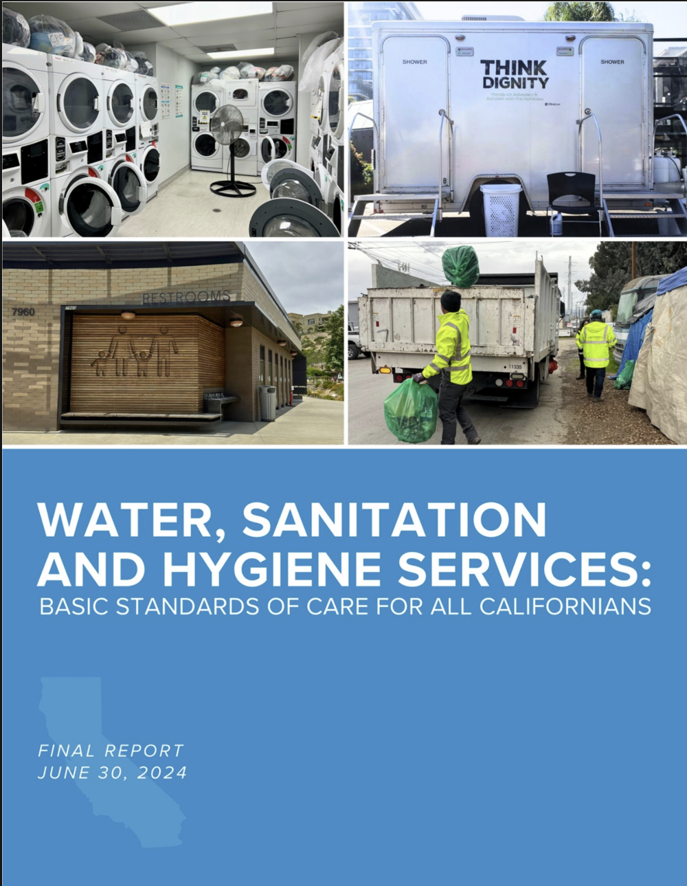 Cover page of a report titled 'Water, Sanitation and Hygiene Services: Basic Standards of Care for All Californians' dated June 30, 2024, featuring images of laundry machines, a mobile shower unit, public restrooms, and sanitation workers collecting trash.