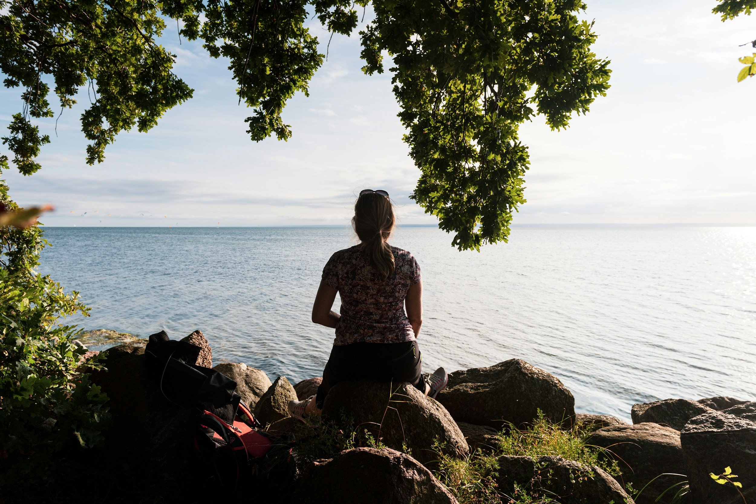 A woman sitting on rocks by a body of water, looking at the horizon, with trees and leaves overhead during sunset or sunrise.