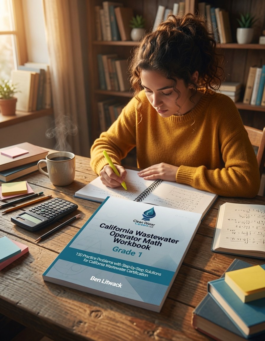 A young woman with curly hair writing in a notebook at a wooden table surrounded by books, a calculator, sticky notes, and a cup of coffee, in a cozy room with bookshelves and sunlight.