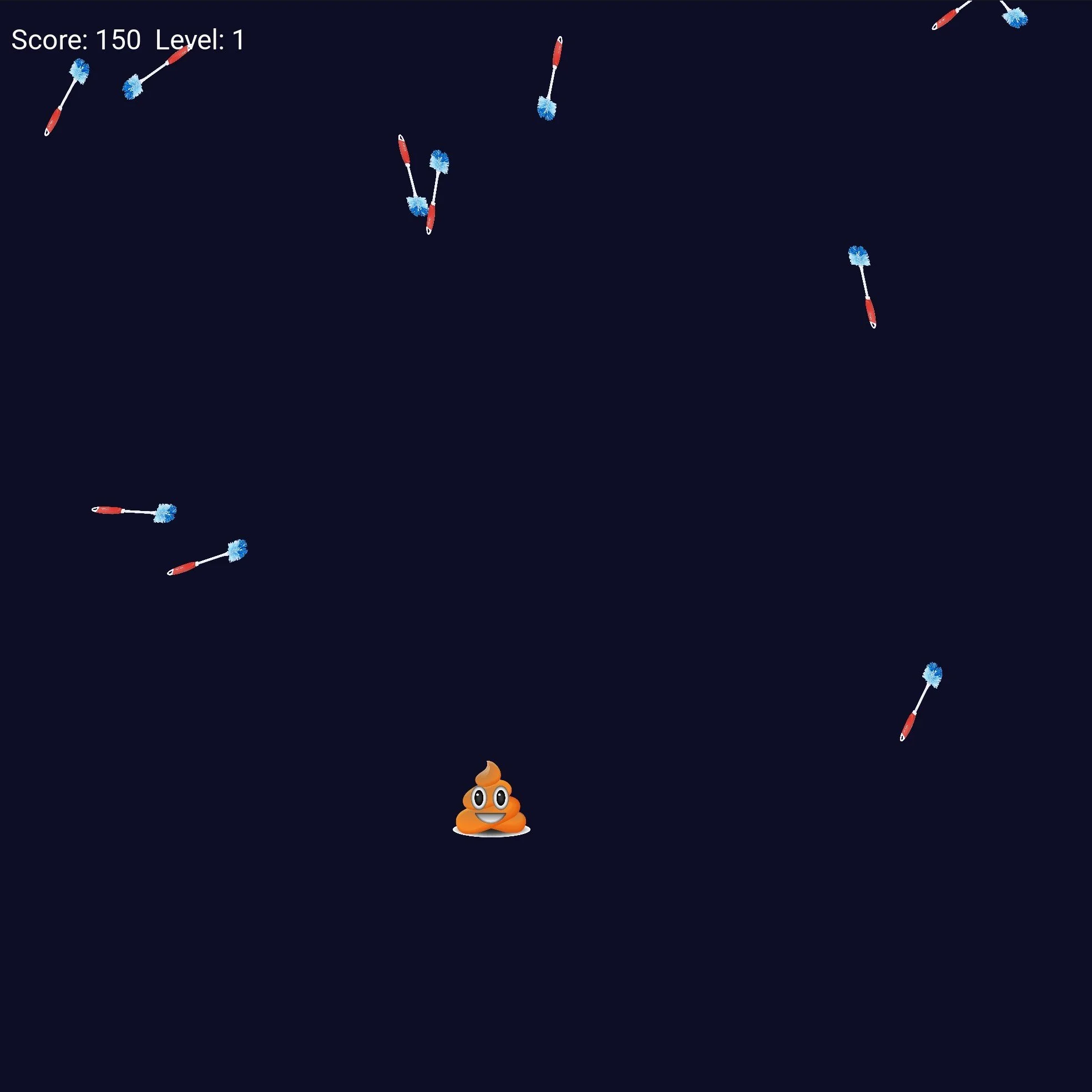 A screenshot of a game with a dark background, displaying scattered cleaning brushes and a poop emoji with a smiling face at the bottom center, along with a score of 150, level 1, and some cleaning tools.