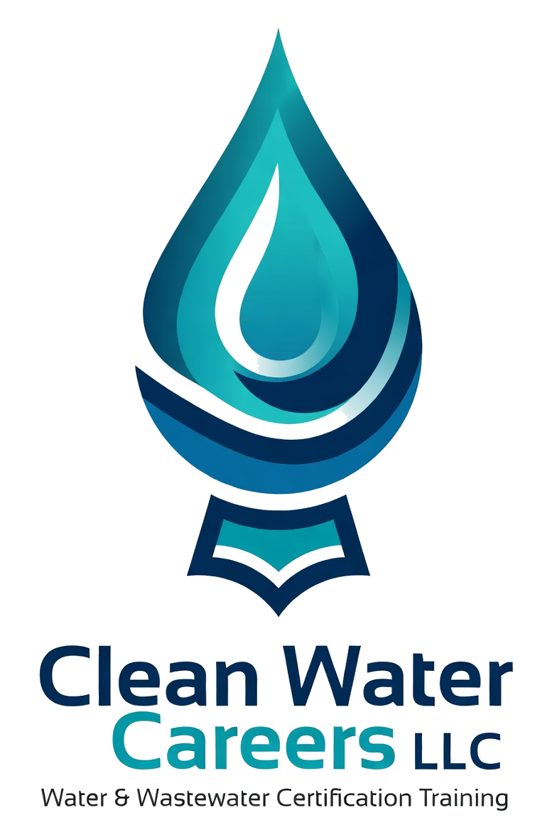 Logo for Clean Water Careers LLC with water droplet graphic and text 'Water & Wastewater Certification Training'.