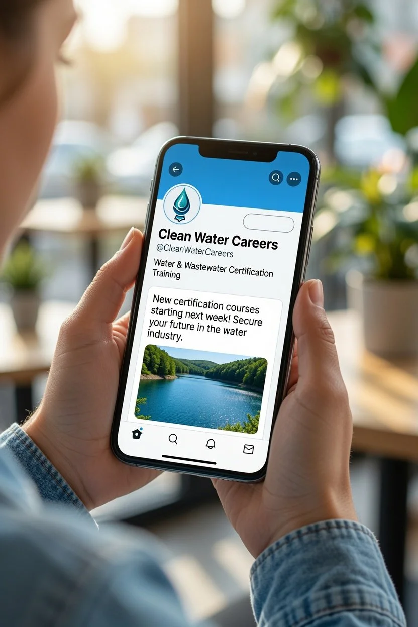 Person holding iPhone showing a Twitter profile for Clean Water Careers with a water logo and a scenic river view.