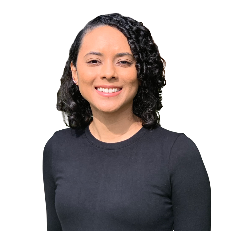 Headshot of smiling female founder with medium-length curly hair wearing a black sweater.