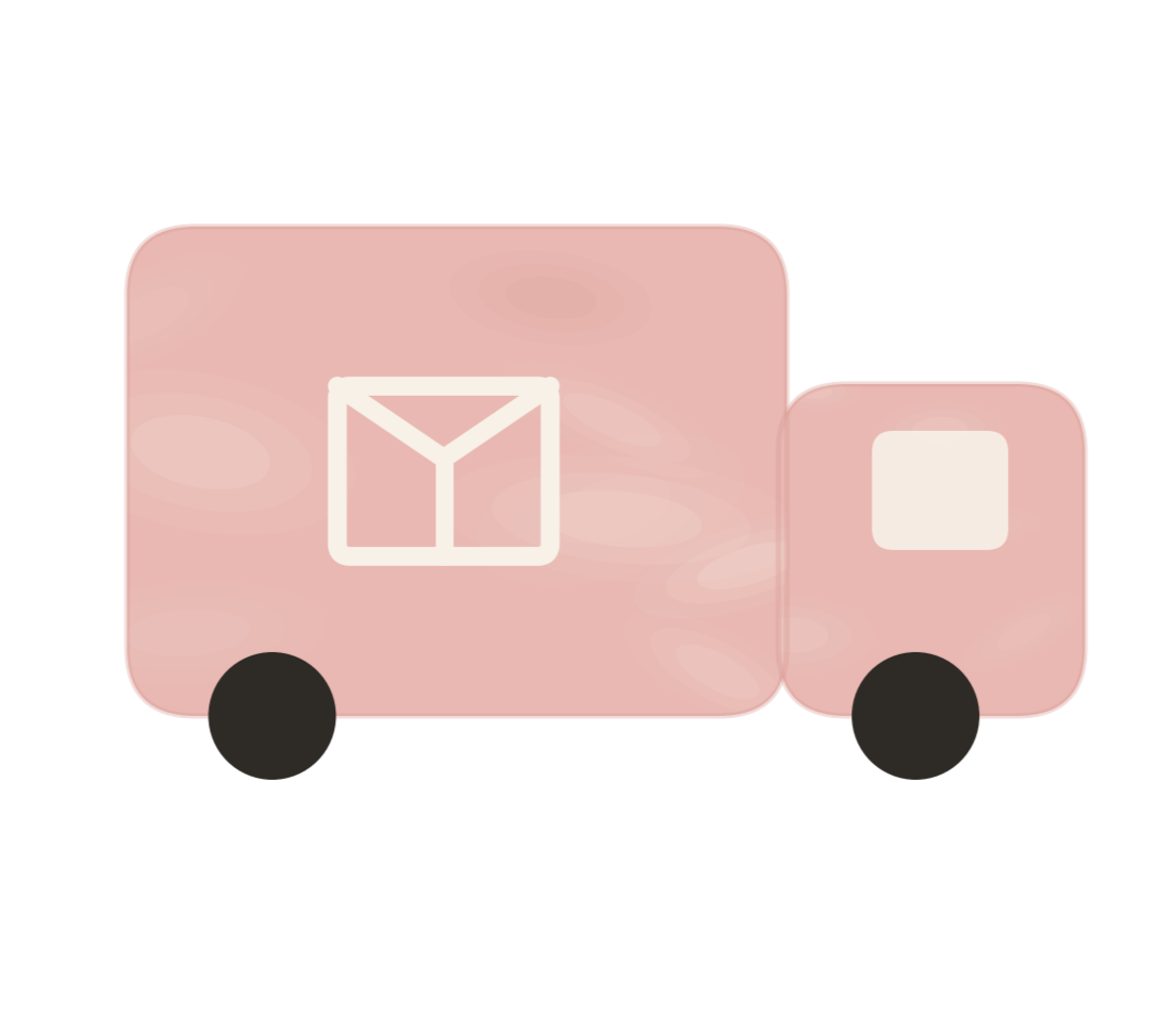 Pink delivery truck with a white cube logo on the side, black wheels, and a rounded design.
