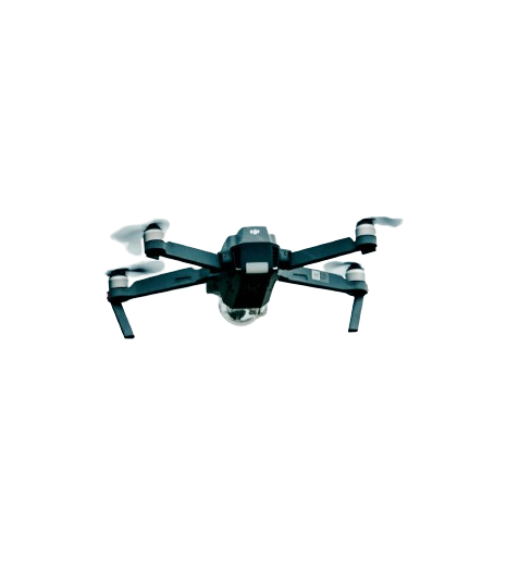 A black drone with four propellers, positioned on a white surface, with a dark background.