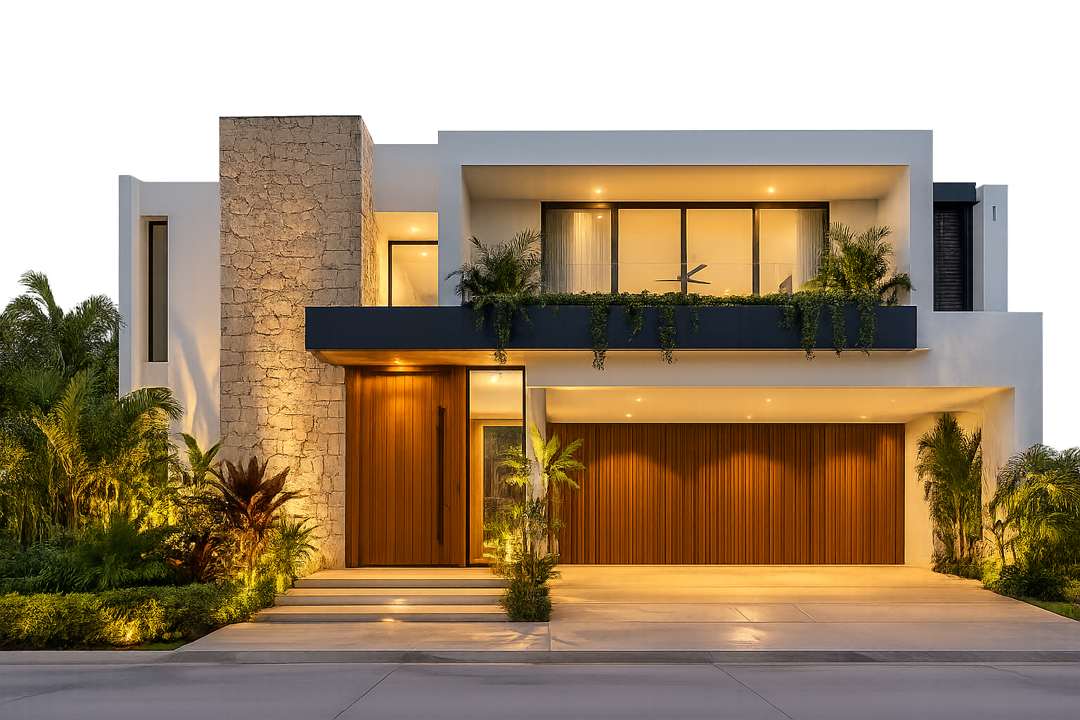 Modern two-story house with a stone and white exterior, illuminated outdoor lighting, wooden garage doors, and tropical plants in the garden.