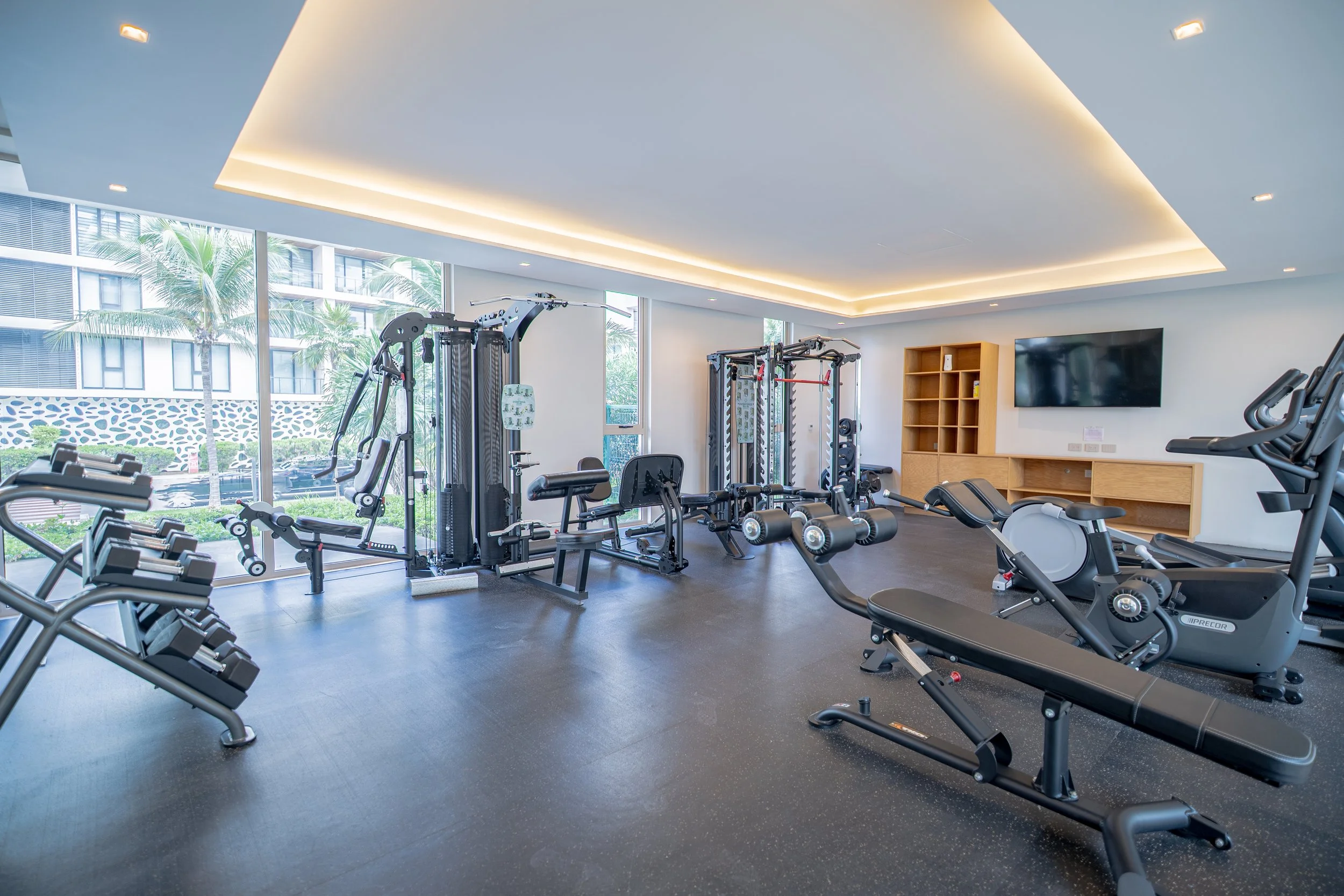Modern fitness center with weight machines, benches, cardio equipment, large windows, and palm trees outside.