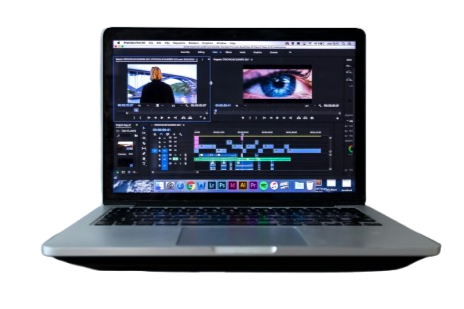 Open laptop displaying a video editing software with video clips and an eye close-up in the timeline.