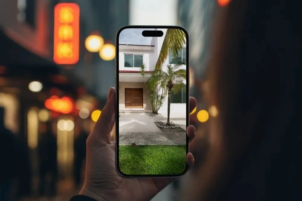 Person holding a smartphone taking a photo of a modern white house with trees in front.