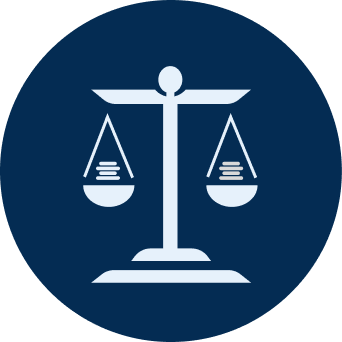 Icon of a balanced scale with two trays, symbolizing justice or law, on a navy blue background.