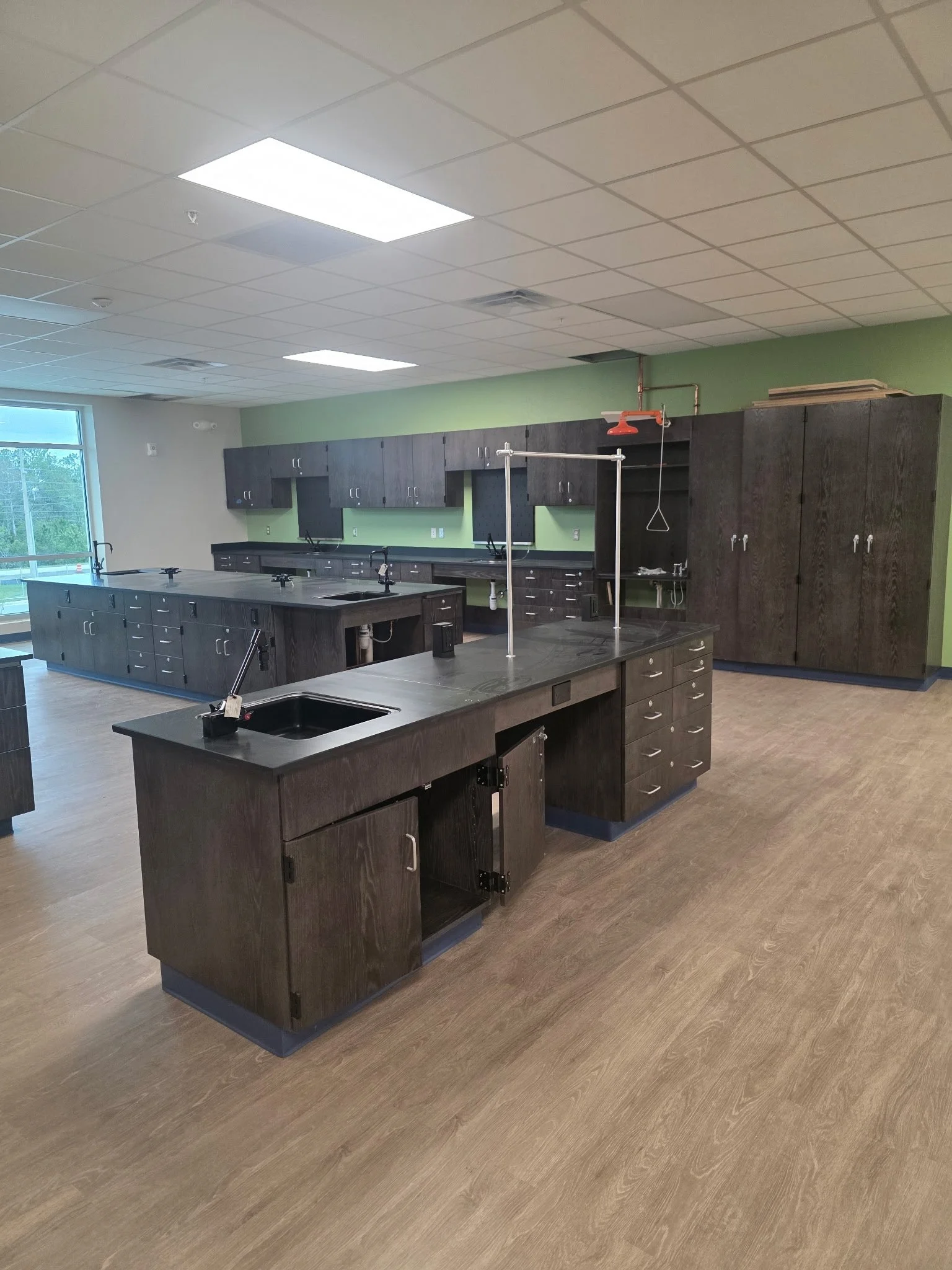 Empty science classroom with black cabinets, an island with a sink, and a green wall. Laboratory equipment is absent, and lighting is from ceiling fixtures.