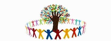 A colorful drawing of a tree with multicolored leaves, surrounded by a circle of multicolored, stylized human figures holding hands.