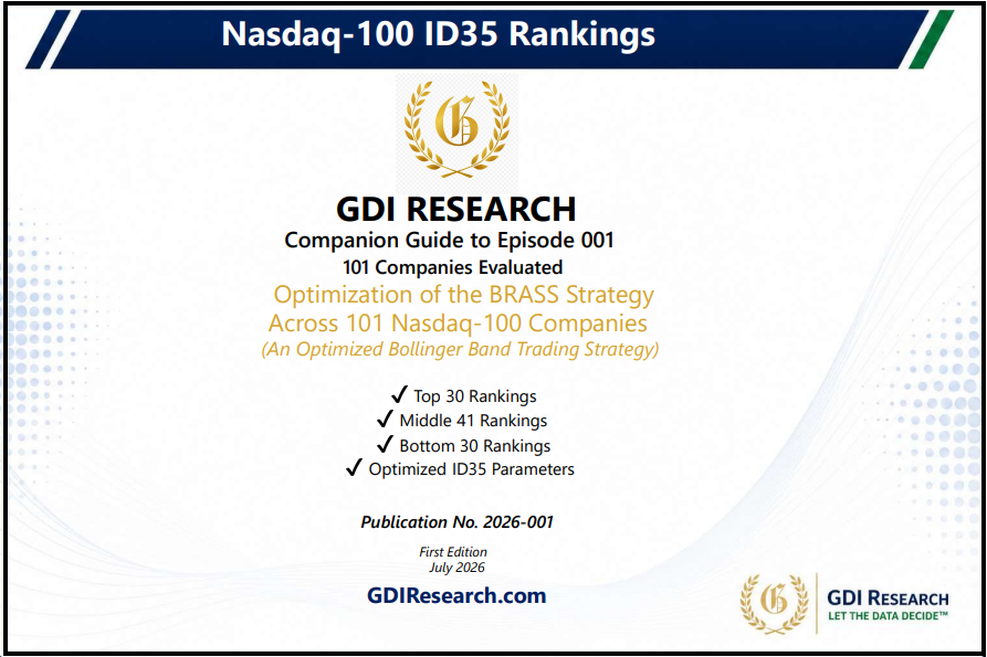 Cover page of a report titled 'Nasdaq-100 ID35 Rankings' by GDI Research. It evaluates 101 companies and discusses optimization of the BRASS strategy across Nasdaq-100 companies, featuring rankings and parameters. Published July 2026.