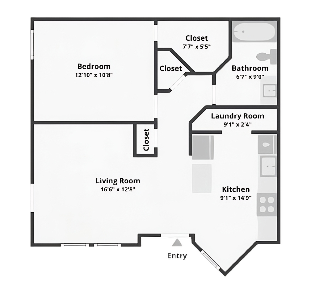 Floor plan of a one bedroom apartment at La Marquesa Apartments with labeled rooms: bedroom, bathroom, living room, kitchen, laundry room, and closets, including dimensions.