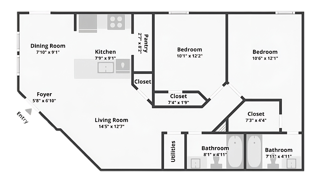 Floor plan of a two bedrooms, two baths apartment at La Marquesa Apartments with labeled rooms including foyer, living room, dining room, kitchen, pantry, closets, two bedrooms, utilities, and two bathrooms, with labeled dimensions.