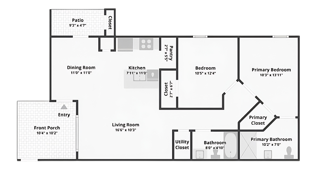 Two bedrooms, two baths floor plan of a unit at La Marquesa Apartments showing a front porch, entry, living room, dining room, kitchen, pantry, two bedrooms, primary bedroom, two bathrooms, utility closet, and a patio with a closet.