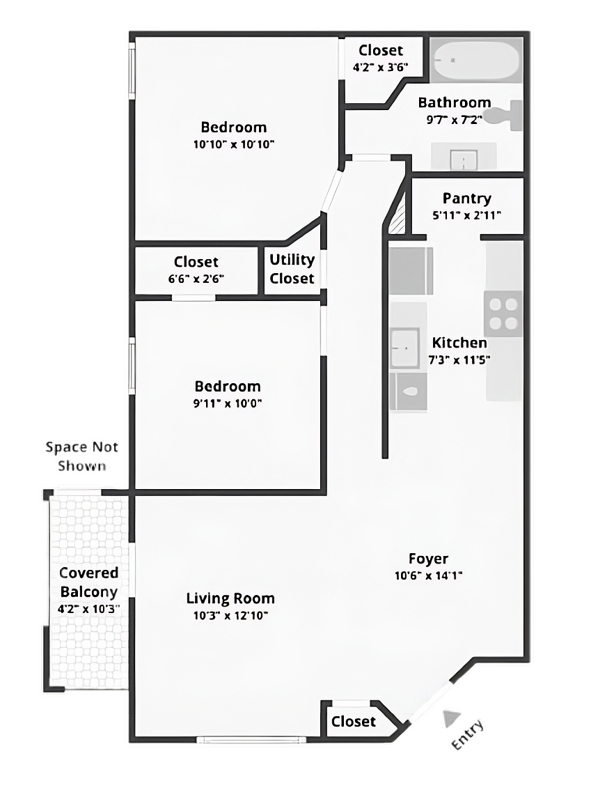 Floor plan of a two bedroom, one bath apartment at La Marquesa Apartments showing two bedrooms, a living room, kitchen, pantry, bathroom, two closets, a utility closet, a foyer, and a covered balcony.
