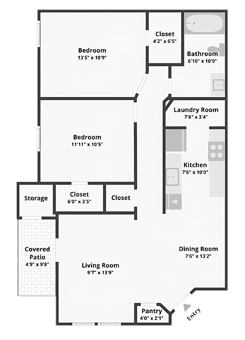 Floor plan of a two bedroom, one bath apartment at La Marquesa Apartments showing two bedrooms, a bathroom, a laundry room, a kitchen, a dining room, a living room, a pantry, storage, and multiple closets, with dimensions labeled.