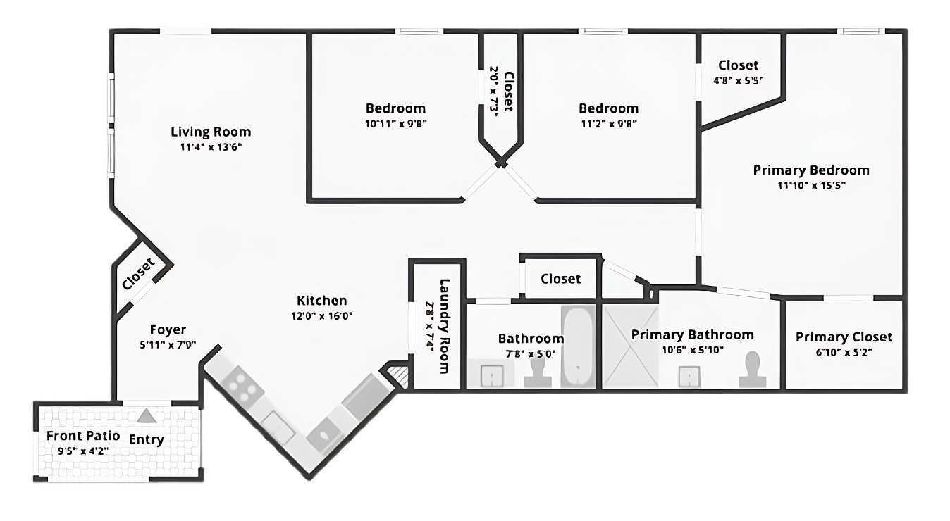 Three Bedroom floor plan featuring an entry with a front patio, a foyer, a living room, a kitchen, a laundry room, a bathroom, three bedrooms including a primary bedroom with an en-suite bathroom and closets, and a hallway connecting the rooms.