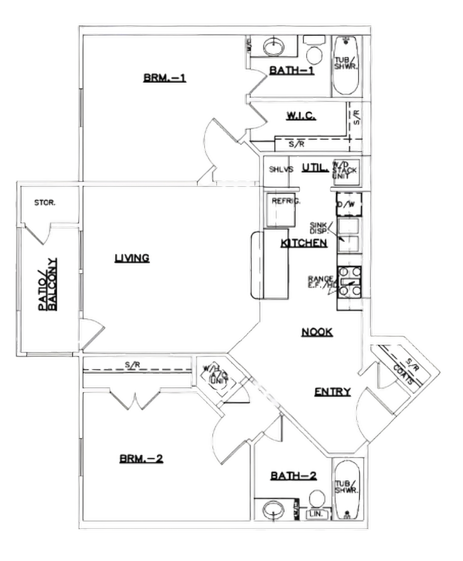 Two bedrooms, two baths floor plan of a unit at La Marquesa Apartments in San Antonio, TX, showing various rooms including a living room, kitchen, bedrooms, bathrooms, and closets.