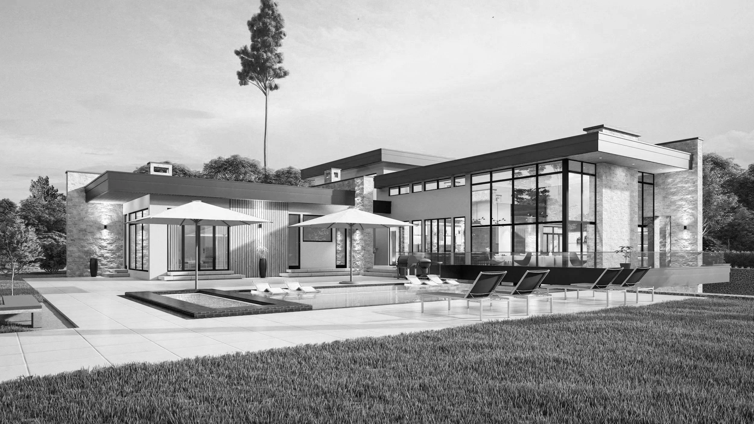 Modern house with large glass windows, outdoor patio with umbrellas, lounge chairs, small pool, and landscaped yard.
