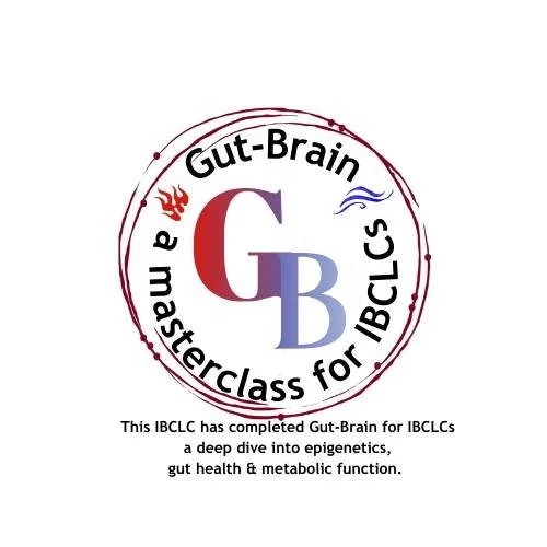 Logo for Gut-Brain, a masterclass for IBCLCs, featuring a circular design with a red and purple 'G' and 'B', and text indicating completion of a Gut-Brain course for IBCLCs focusing on epigenetics, gut health, and metabolic function.