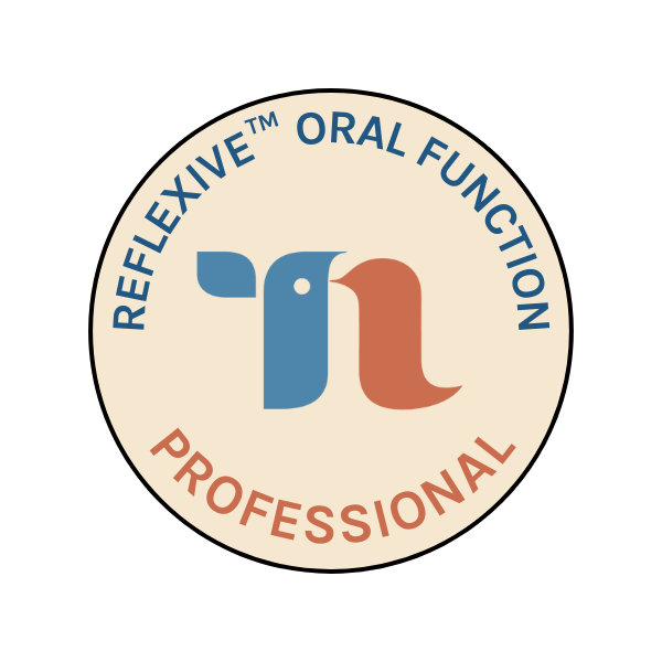 Logo featuring a stylized hummingbird in blue and orange, with text stating 'Flexible™ Oral Function' in blue and 'Professional' in orange.