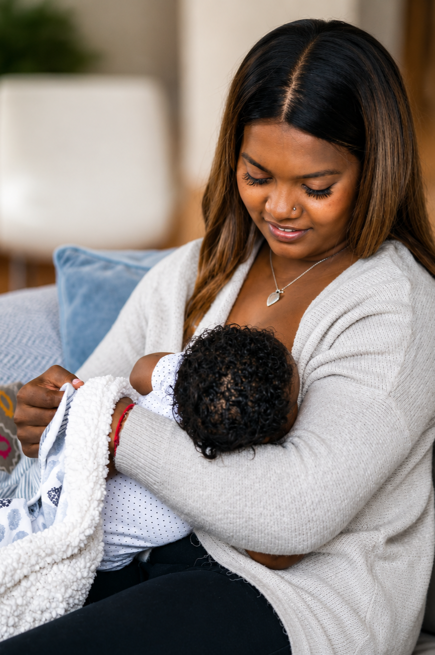 Woman holding a baby in her arms on a couch in a cozy living room.