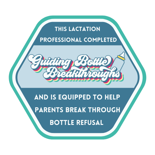A badge or logo with the text 'This lactation professional completed Guiding Bottle Breakthroughs and is equipped to help parents break through bottle refusal' along with a baby bottle graphic.