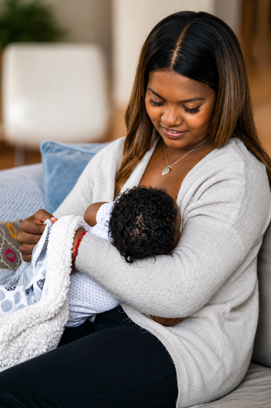 A woman with long brown hair, wearing a beige cardigan and necklace, holding a black-haired baby wrapped in a blanket on her lap, sitting on a gray sofa in a cozy room.