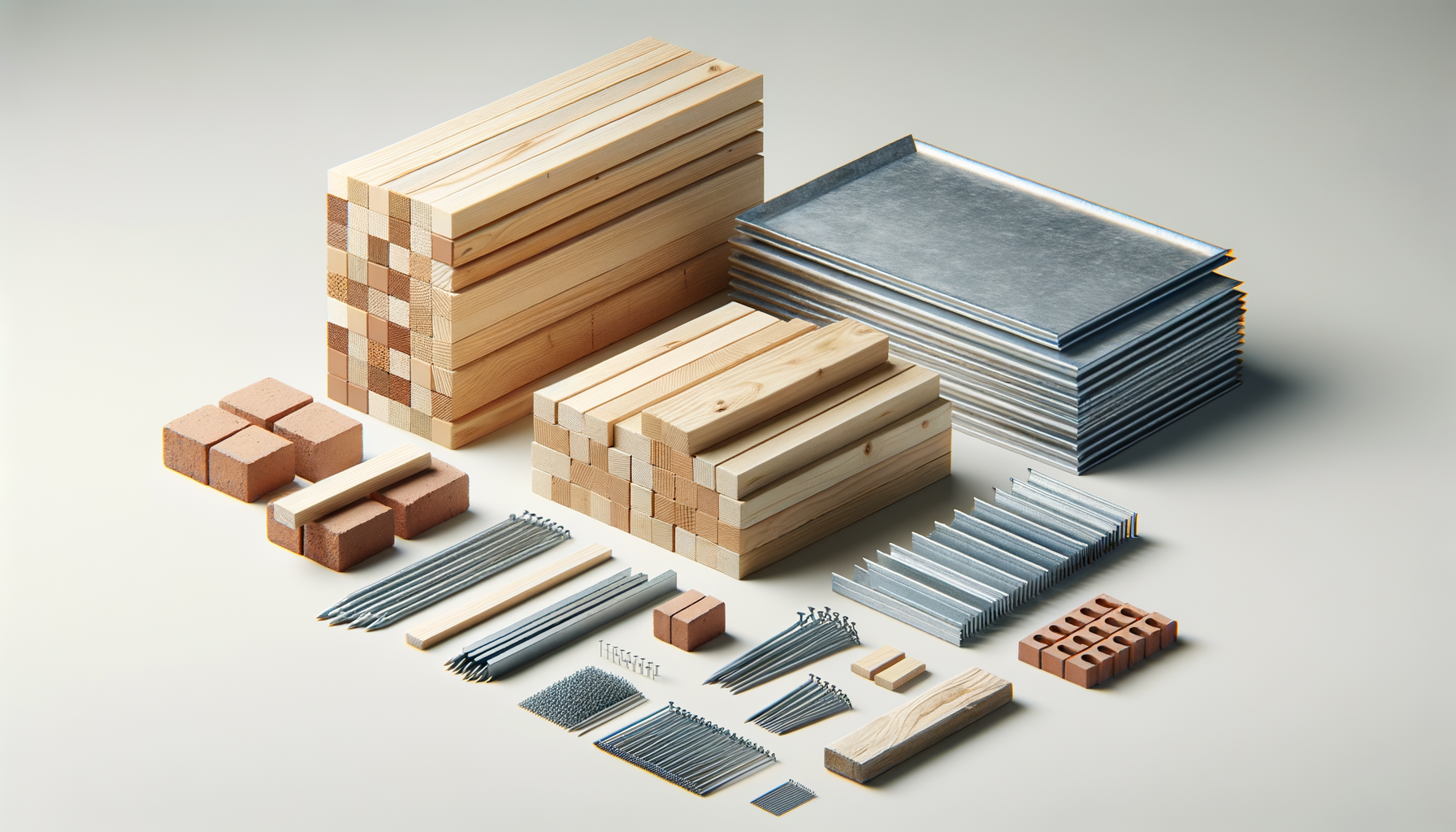 Collection of building materials including wood planks, bricks, metal sheets, nails, screws, and other construction tools on a white surface.