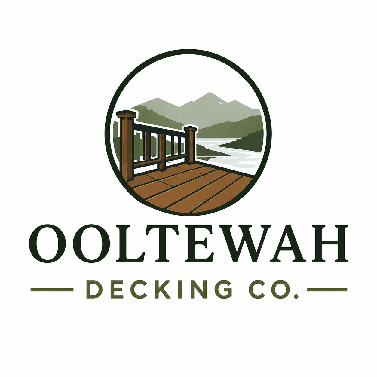 Logo for Ooltewah Decking Co. featuring a wooden deck overlooking mountains and a lake, with the company name below.