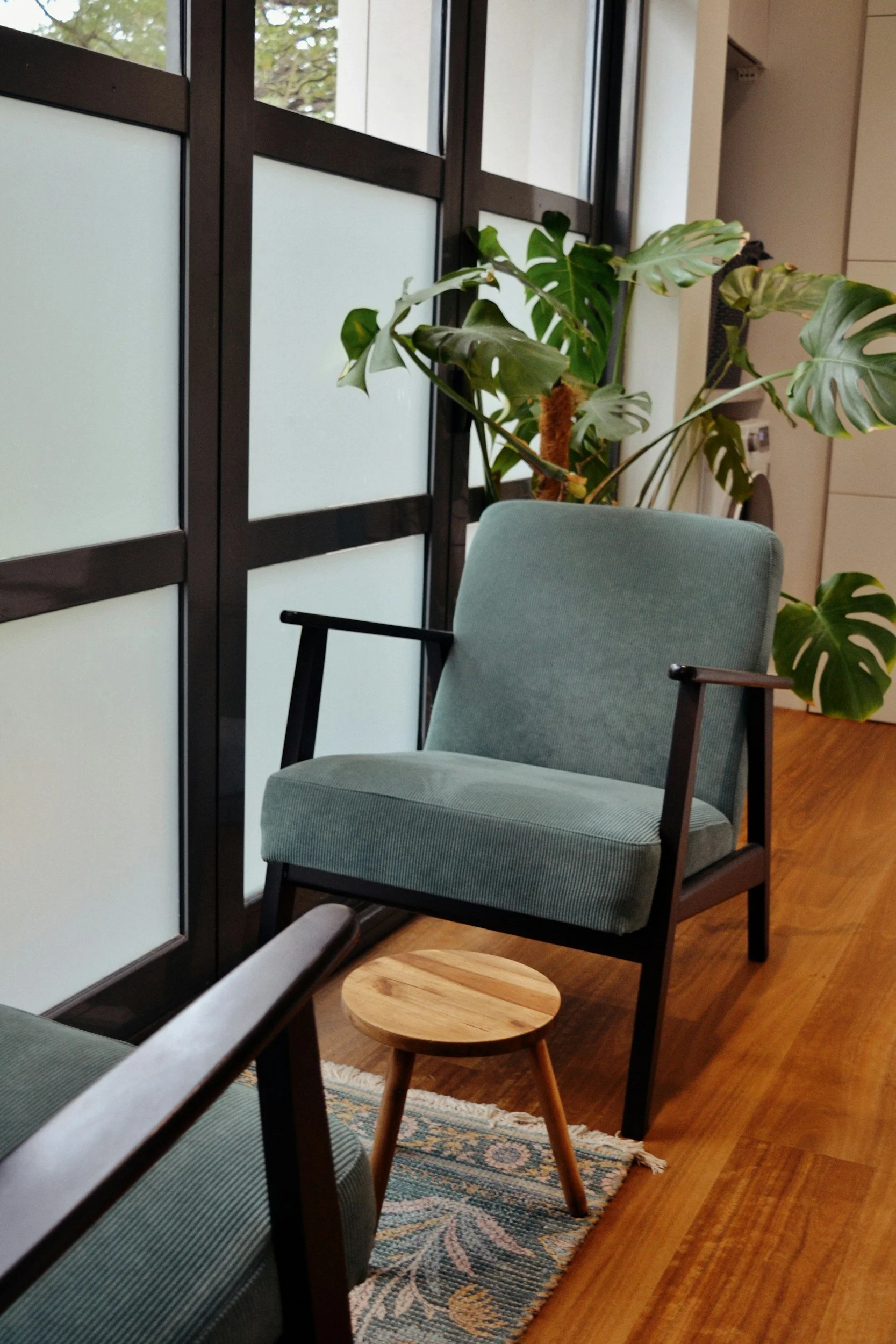 Interior of an office space with a teal upholstered chair, a small wooden side table, a patterned rug, a large leafy plant, and frosted glass partitions with dark frames.
