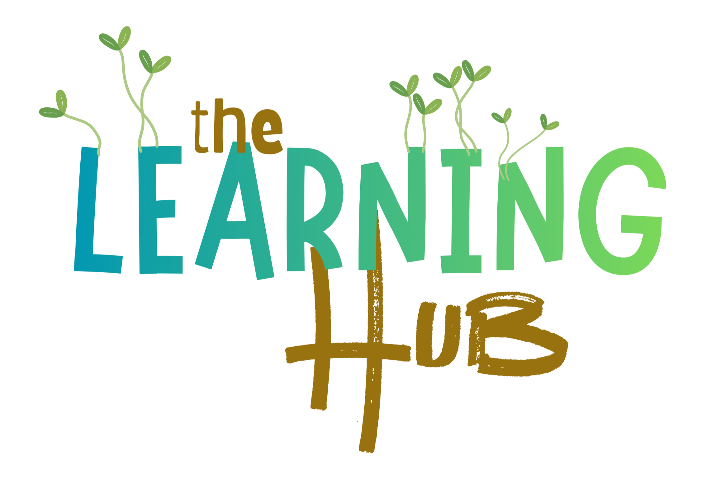 Colorful illustration of the phrase 'the learning club' with the word 'learning' formed by stylized trees with green leaves and brown trunks