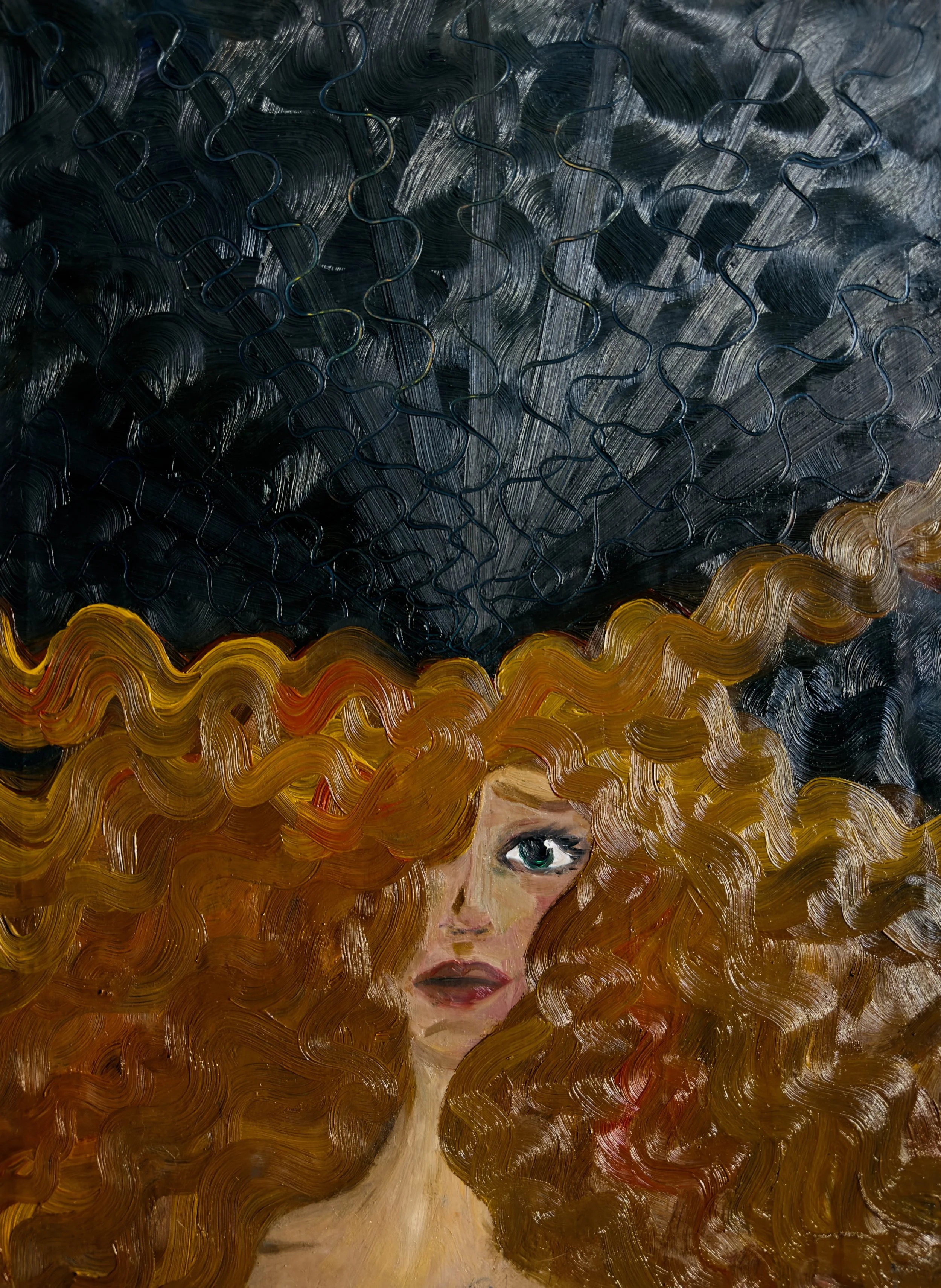 Figurative Oil painting on 18x24 canvas, titled "Trouble Loves Me."