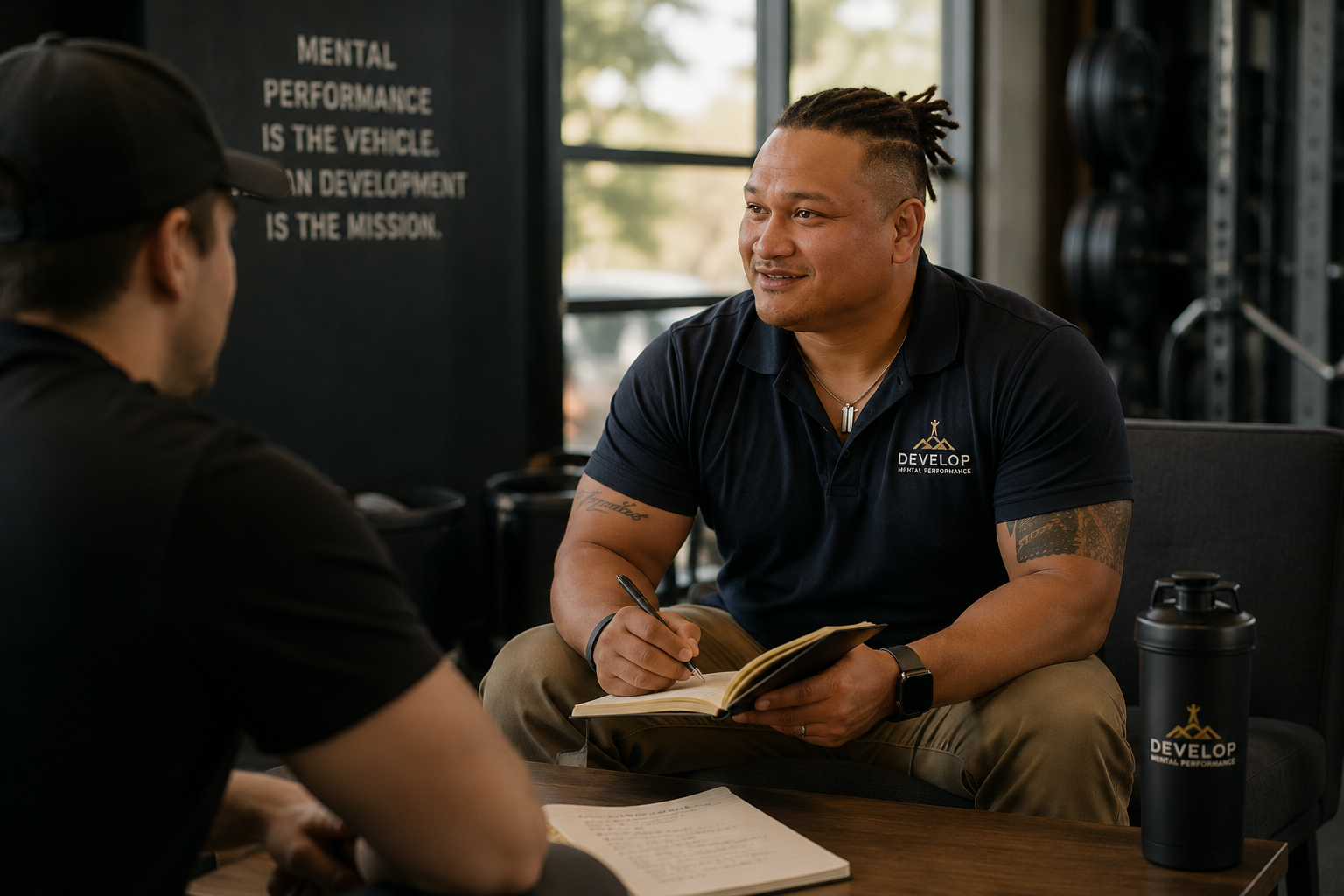 Two men sitting at a table during a discussion in a gym or fitness center. One man is taking notes, the other is listening. In the background, a blackboard with motivational text about mental performance. A water bottle with the logo 'Develop' sits on the table.