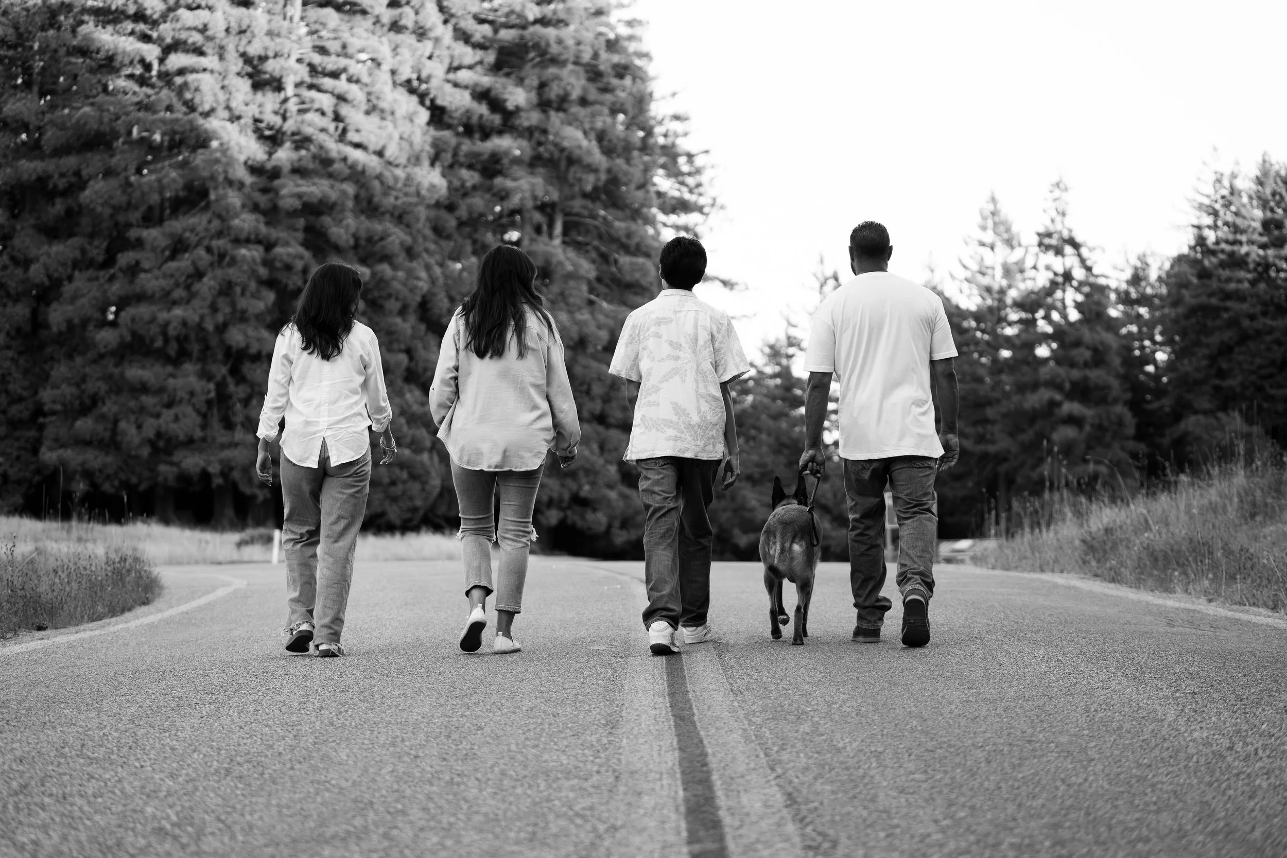 Four people walking with a dog on a paved road in a park, surrounded by trees, in black and white.