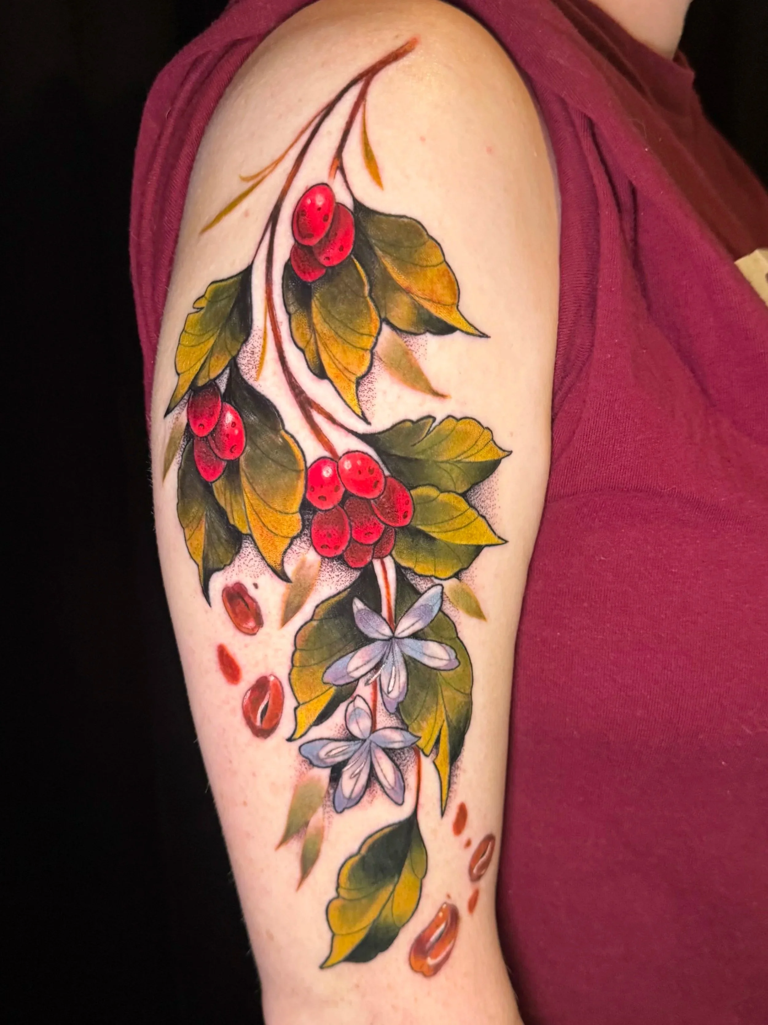 Colorful tattoo of holly leaves, red berries, and purple flowers on person's upper arm.