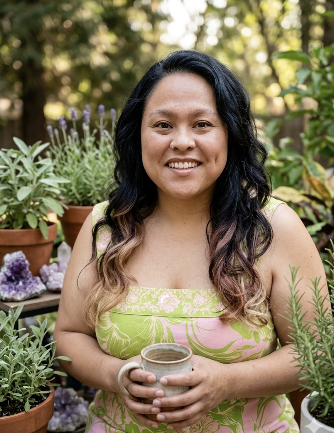 Bay Area Reiki Master and Life Coach holding a mug in a serene outdoor environment surrounded by plants and nature.
