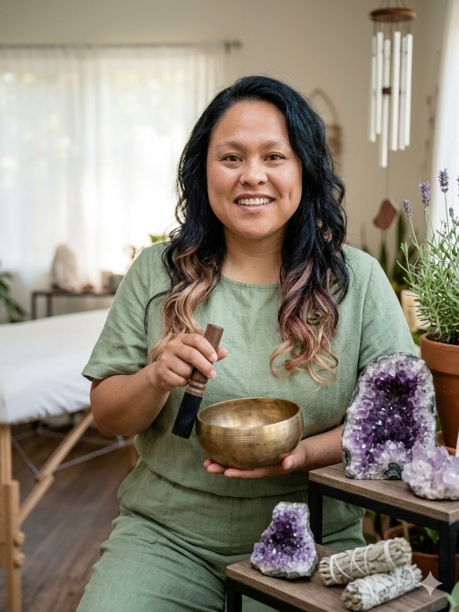 Bay Area Reiki Master and Life Coach smiling and holding a singing bowl in a cozy room surrounded by crystals, plants, and healing items.