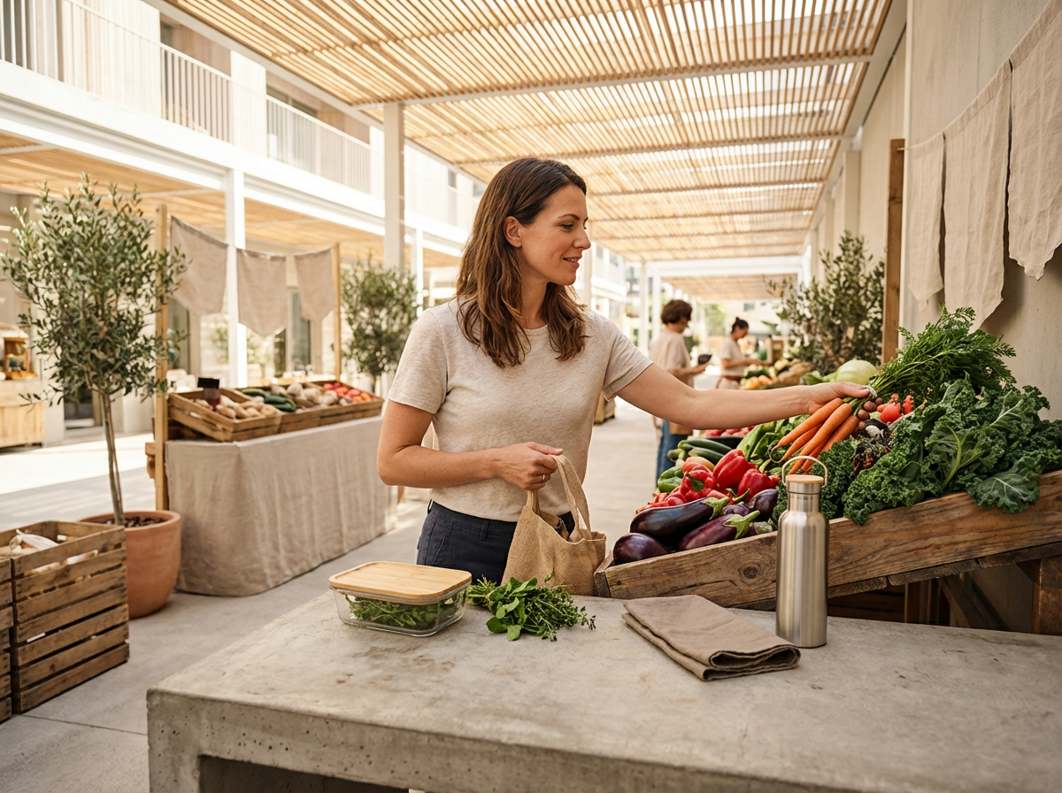 Woman shopping for fresh vegetables at an outdoor farmers market.