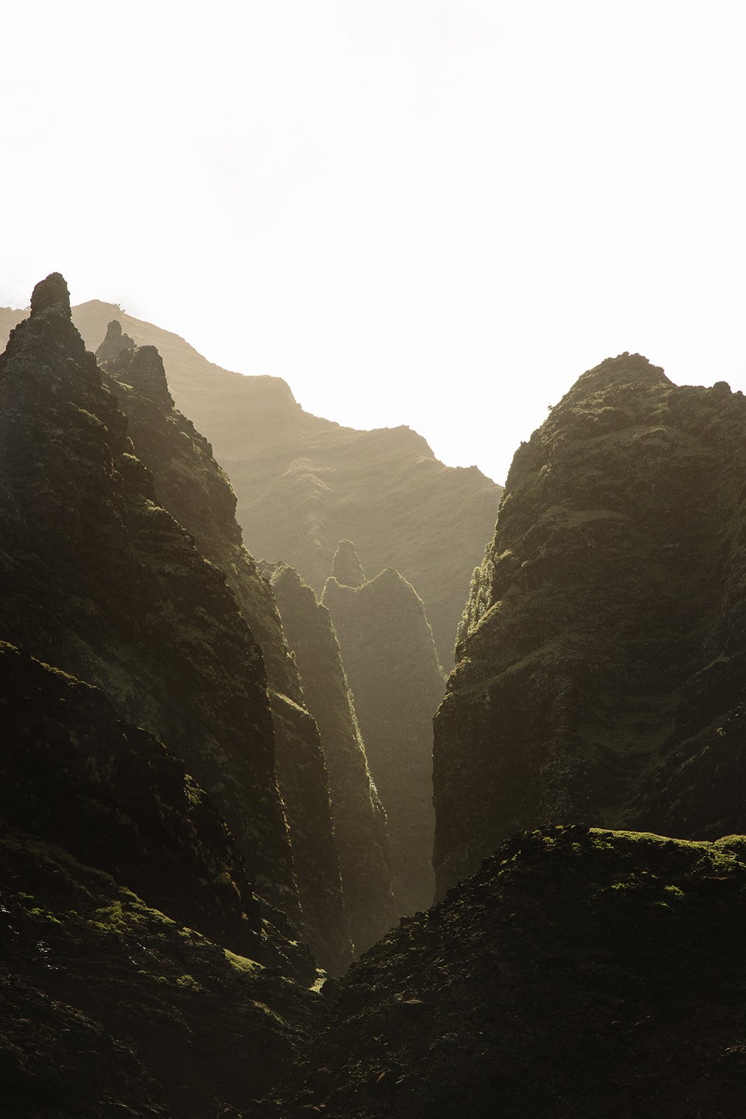 Tall green mountains with moss and vegetation, viewed from below with bright sunlight. Brand and travel photography session for Holo Holo Charters in Kauai, Hawaii by Rhianon Brown Photography.