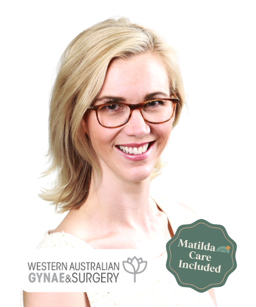 Smiling woman with blonde hair and glasses, promoting Western Australian gynecology and surgery with Matilda Care included.