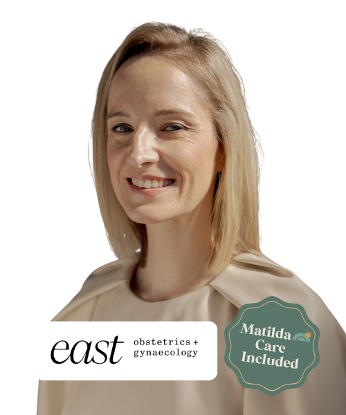 Smiling woman with blonde hair and light-colored top, promotional graphic for East Obstetrics and Gynecology with Matilda Care included.